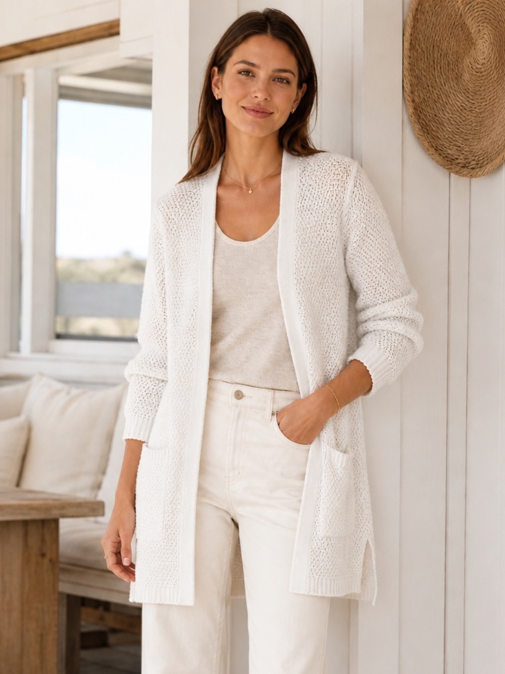 Marine Layer Catalina Cardigan Cotton Open Knit White S